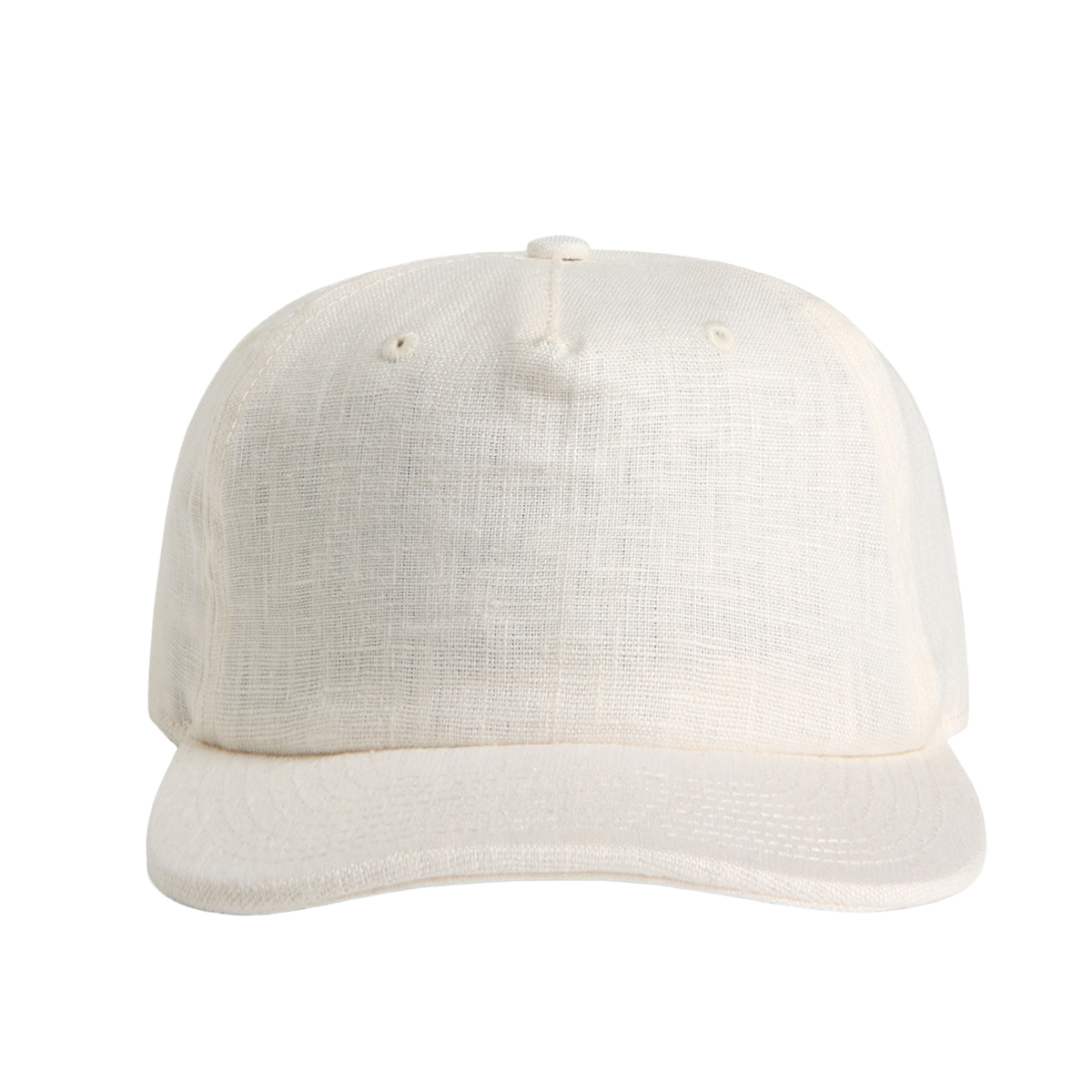 An off-white linen baseball cap with a curved brim, photographed from the front against a solid white background.