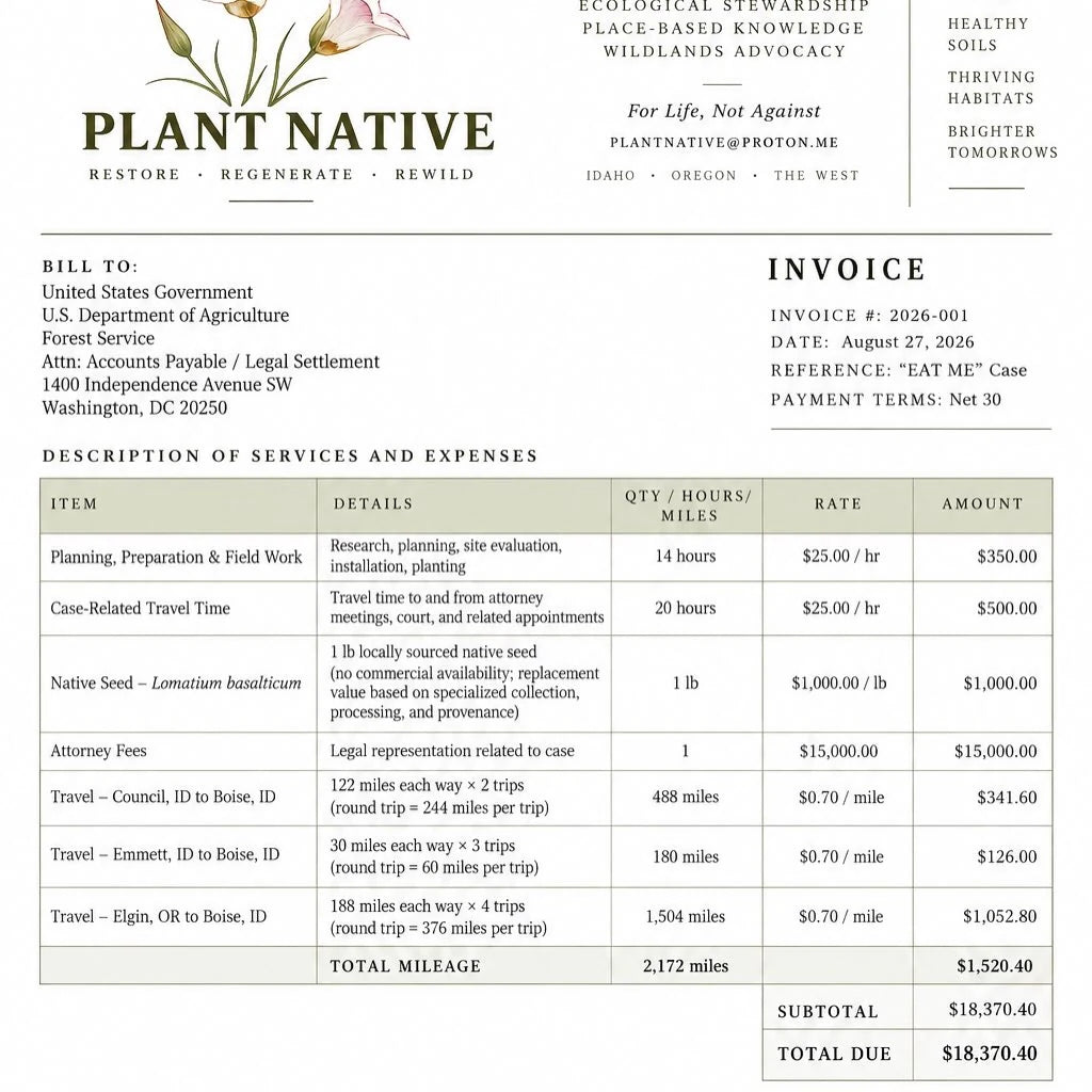 Plant Native invoice submitted to the United States government